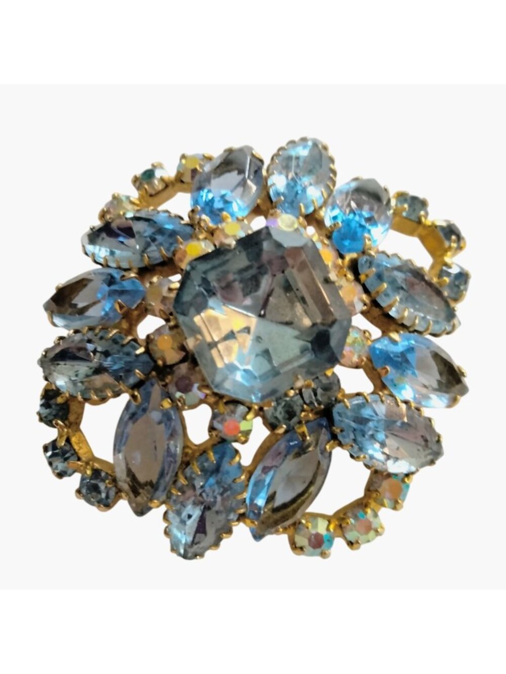 Aurora Borealis Vintage Blue Floral Rhinestone Pin Elegant Wedding Statement